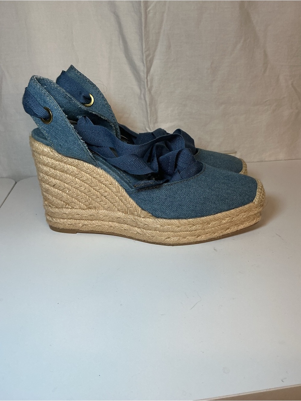 Denim Blue Wedge Espadrille Sandals - Women - Picture 3 of 12